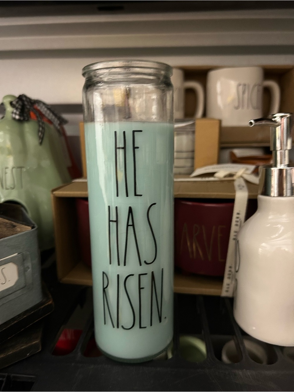 Rae Dunn Light Blue 'He Has Risen' Glass Prayer Candle